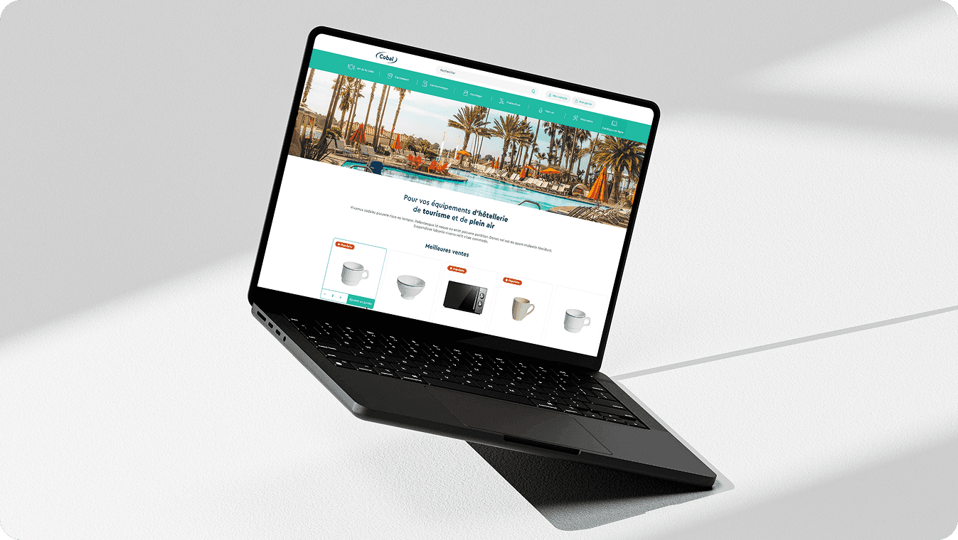 Page d’accueil du site e-commerce BtoB Cobal, spécialiste de l’équipement pour le tourisme et l’hôtellerie de plein air